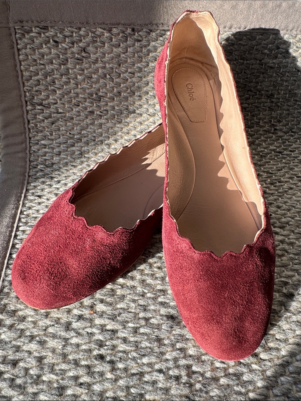 Chloe Wine Red Scalloped Suede Ballet Flats